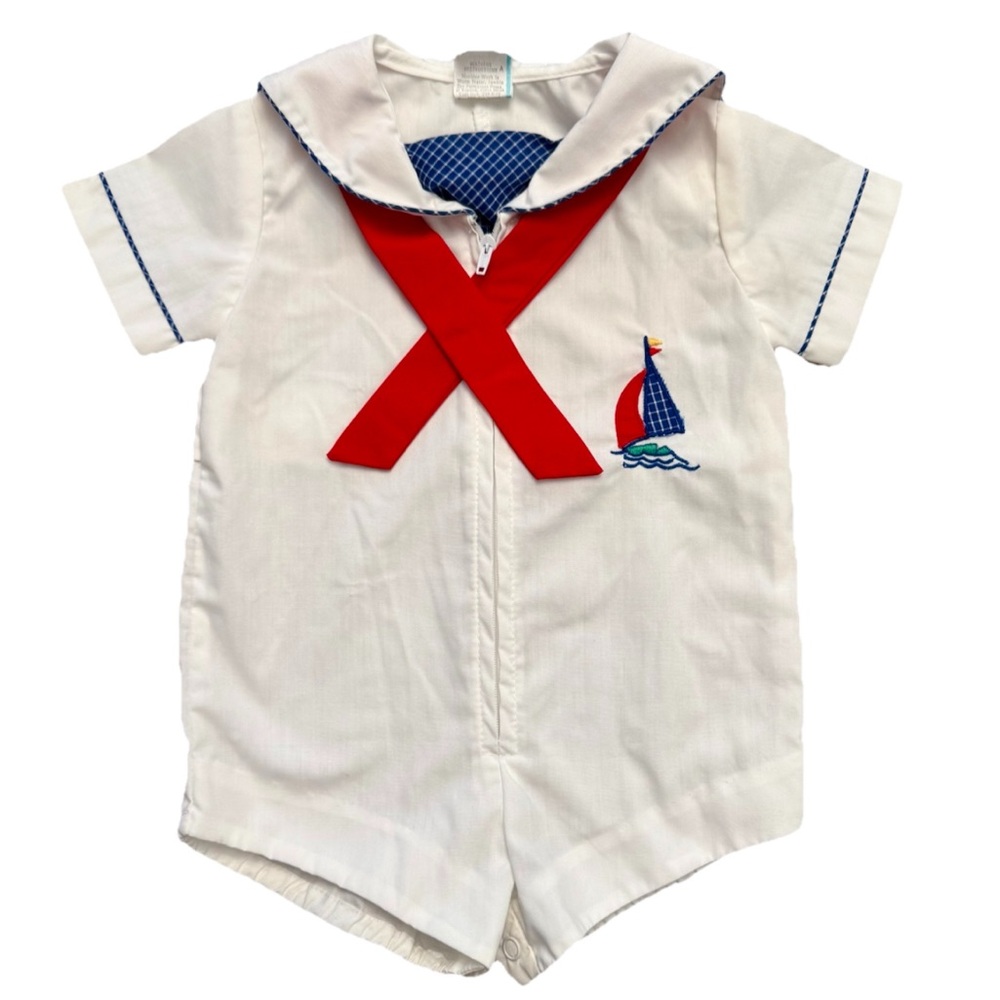 Baby‎ Boy Sailor suit One piece 6-9 mos Red Neck Tie Sailboat Embroidery VTG